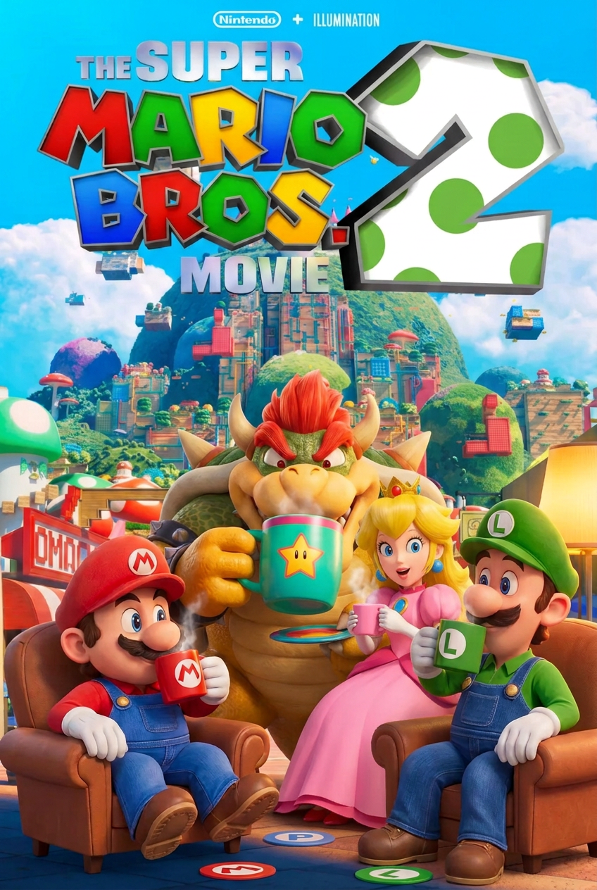 Mario, Luigi, Bowser and Princess Peach drinking coffee